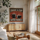 Coffee Roasters III by Pela Studio. Shown in a natural wood frame in a cozy modern living room. Available as an archival giclee rolled canvas, fine art paper, or poster print. SKU 10995a.