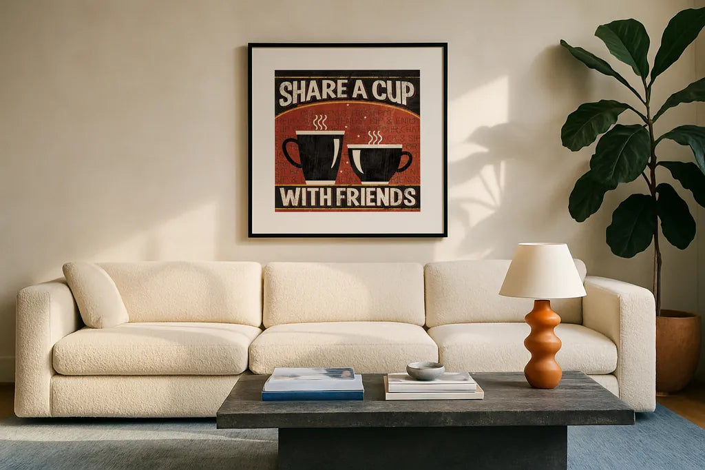 Coffee Roasters III by Pela Studio. Displayed in a glass frame with matte in a clean modern living room. Available as an archival giclee rolled canvas, fine art paper, or poster print. SKU 10995a.