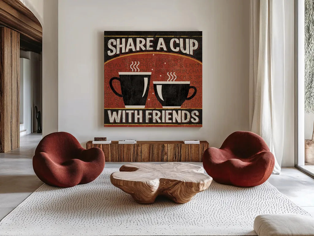 Coffee Roasters III by Pela Studio. Shown as extra-large giant wall art in a modern living room. Available as an archival giclee rolled canvas, fine art paper, or poster print. SKU 10995a.