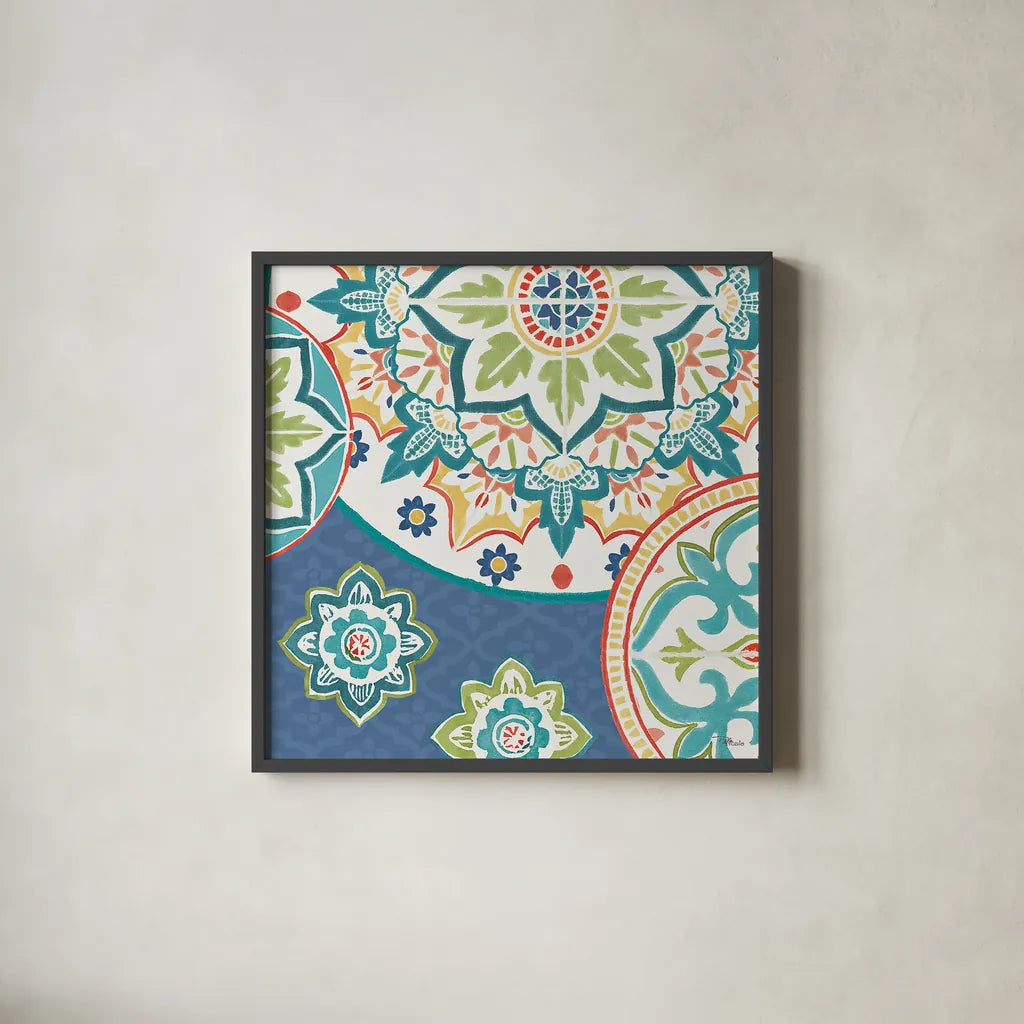 Colorful Journey II Blue by Pela Studio. Shown in a sleek black glass frame for a contemporary gallery look. Available as an archival giclee rolled canvas, fine art paper, or poster print. SKU 37874a.