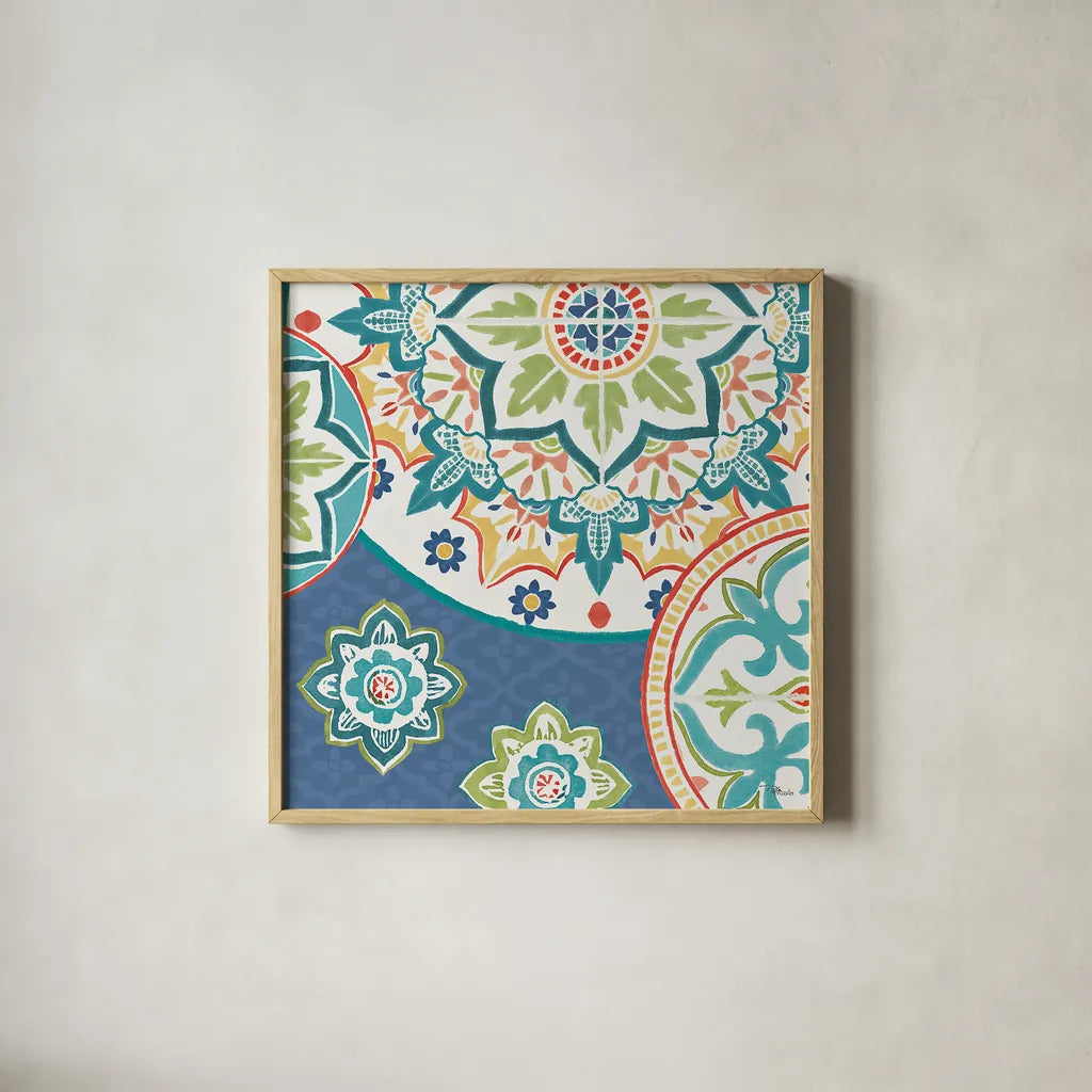 Colorful Journey II Blue by Pela Studio. Shown in a natural wood glass frame for a timeless modern aesthetic. Available as an archival giclee rolled canvas, fine art paper, or poster print. SKU 37874a.