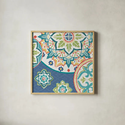 Colorful Journey II Blue by Pela Studio. Shown in a natural wood glass frame for a timeless modern aesthetic. Available as an archival giclee rolled canvas, fine art paper, or poster print. SKU 37874a.