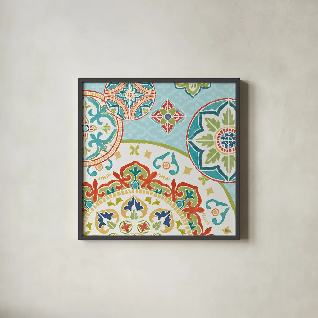 Colorful Journey III by Pela Studio. Shown in a sleek black glass frame for a contemporary gallery look. Available as an archival giclee rolled canvas, fine art paper, or poster print. SKU 37864a.