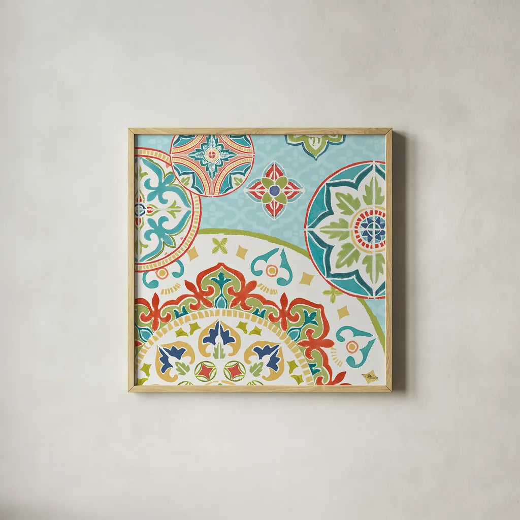 Colorful Journey III by Pela Studio. Shown in a natural wood glass frame for a timeless modern aesthetic. Available as an archival giclee rolled canvas, fine art paper, or poster print. SKU 37864a.