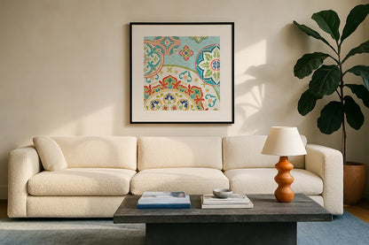 Colorful Journey III by Pela Studio. Displayed in a glass frame with matte in a clean modern living room. Available as an archival giclee rolled canvas, fine art paper, or poster print. SKU 37864a.