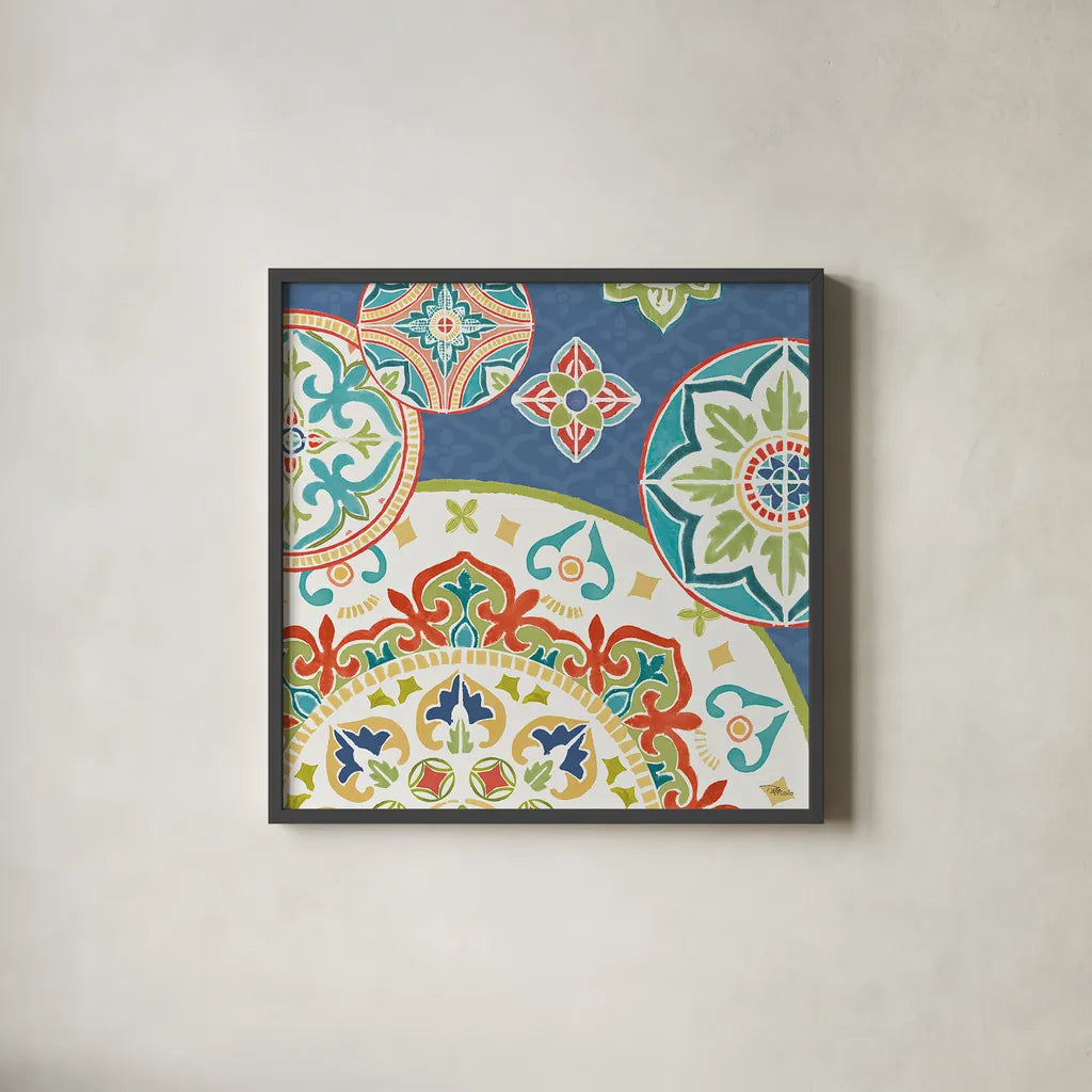 Colorful Journey III Blue by Pela Studio. Shown in a sleek black glass frame for a contemporary gallery look. Available as an archival giclee rolled canvas, fine art paper, or poster print. SKU 37875a.