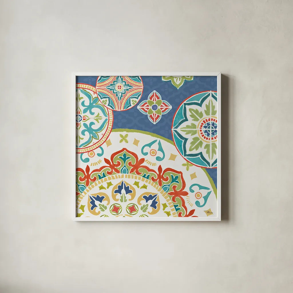 Colorful Journey III Blue by Pela Studio. Shown in a crisp white glass frame for a clean and minimalist style. Available as an archival giclee rolled canvas, fine art paper, or poster print. SKU 37875a.