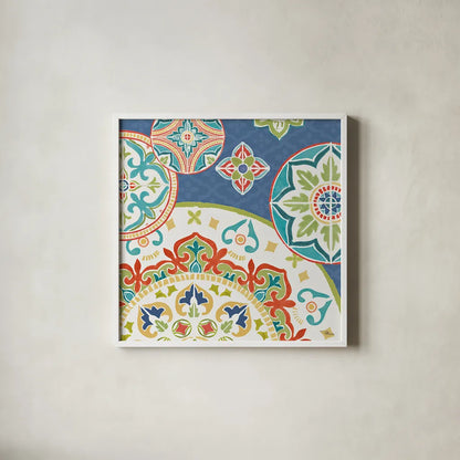 Colorful Journey III Blue by Pela Studio. Shown in a crisp white glass frame for a clean and minimalist style. Available as an archival giclee rolled canvas, fine art paper, or poster print. SKU 37875a.