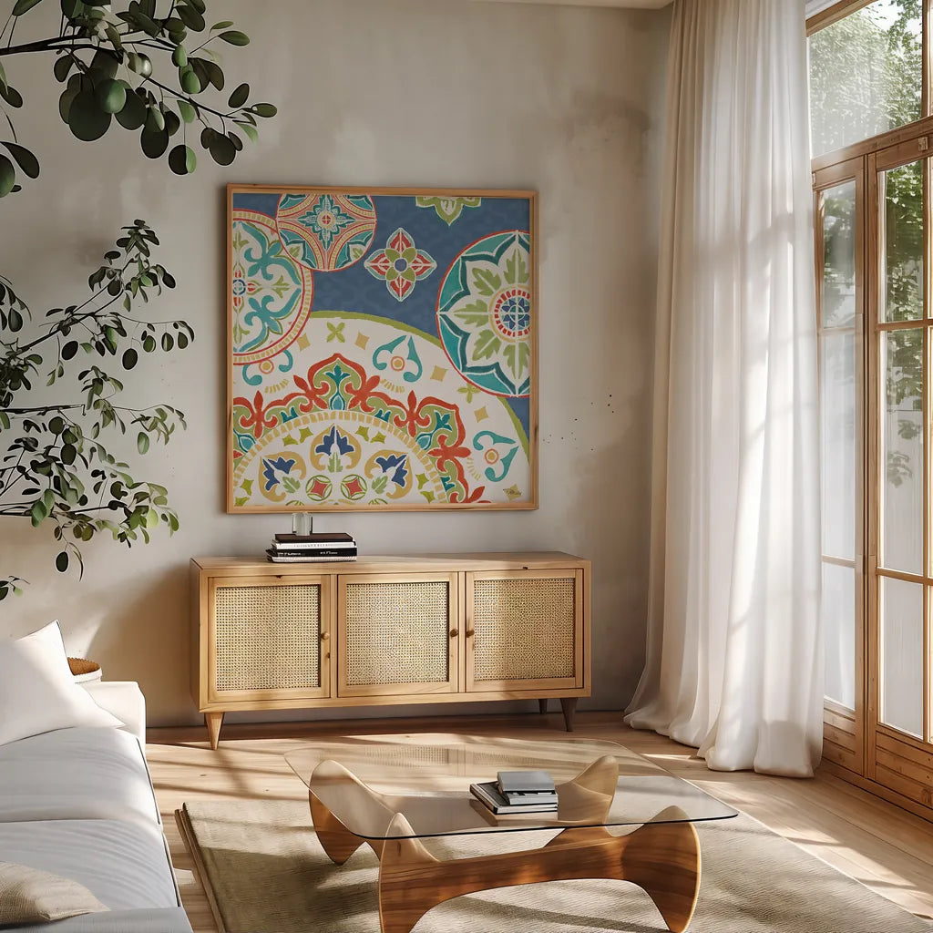 Colorful Journey III Blue by Pela Studio. Shown in a natural wood frame in a cozy modern living room. Available as an archival giclee rolled canvas, fine art paper, or poster print. SKU 37875a.