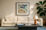 Colorful Journey III Blue by Pela Studio. Displayed in a glass frame with matte in a clean modern living room. Available as an archival giclee rolled canvas, fine art paper, or poster print. SKU 37875a.