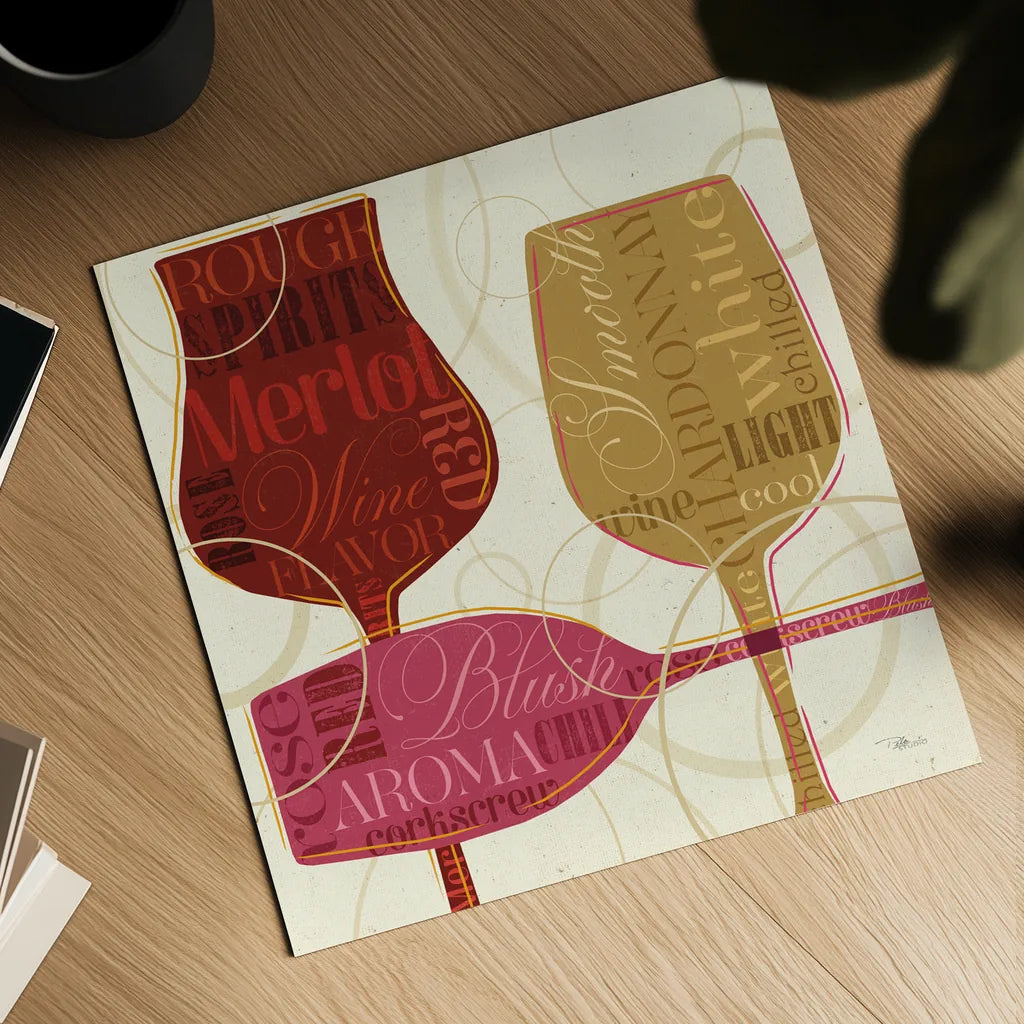 Colorful Wine I by Pela Studio. Shown as a detailed flat fine art print, highlighting archival giclee quality. Available as an archival giclee rolled canvas, fine art paper, or poster print. SKU 8204a.