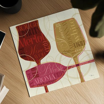 Colorful Wine I by Pela Studio. Shown as a detailed flat fine art print, highlighting archival giclee quality. Available as an archival giclee rolled canvas, fine art paper, or poster print. SKU 8204a.