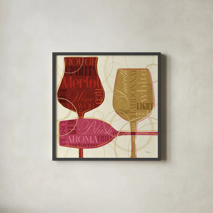 Colorful Wine I by Pela Studio. Shown in a sleek black glass frame for a contemporary gallery look. Available as an archival giclee rolled canvas, fine art paper, or poster print. SKU 8204a.