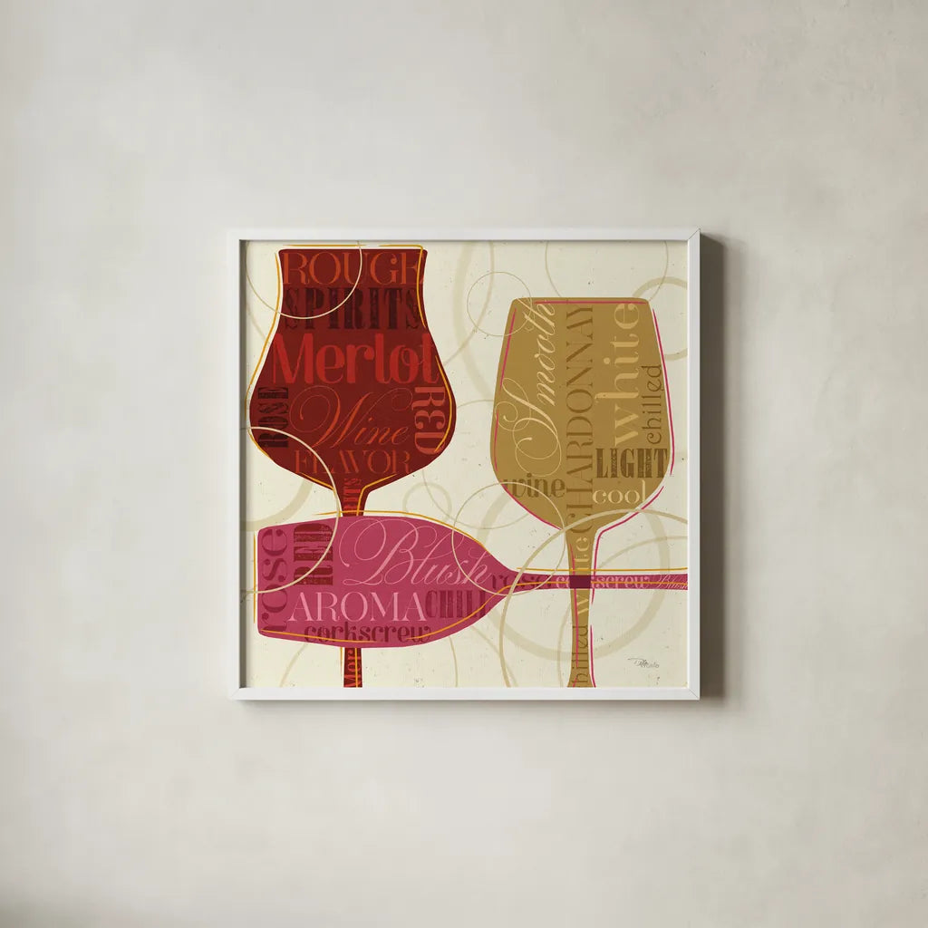 Colorful Wine I by Pela Studio. Shown in a crisp white glass frame for a clean and minimalist style. Available as an archival giclee rolled canvas, fine art paper, or poster print. SKU 8204a.