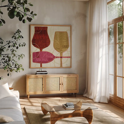 Colorful Wine I by Pela Studio. Shown in a natural wood frame in a cozy modern living room. Available as an archival giclee rolled canvas, fine art paper, or poster print. SKU 8204a.