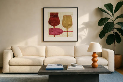 Colorful Wine I by Pela Studio. Displayed in a glass frame with matte in a clean modern living room. Available as an archival giclee rolled canvas, fine art paper, or poster print. SKU 8204a.