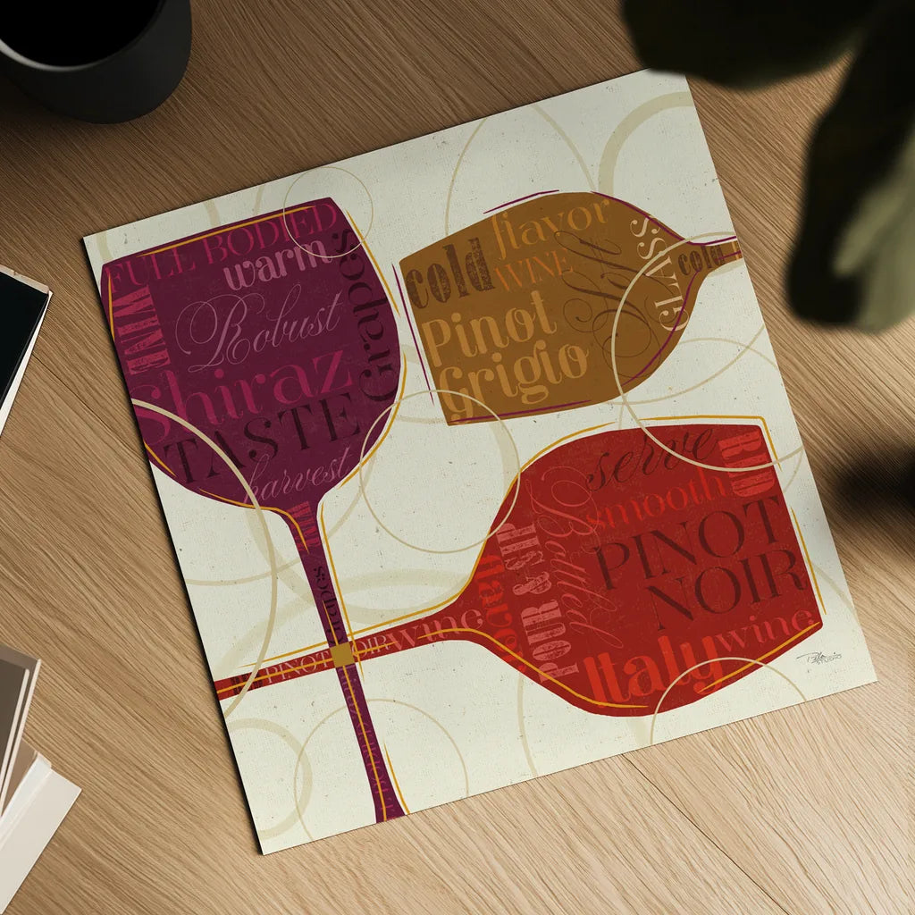 Colorful Wine II by Pela Studio. Shown as a detailed flat fine art print, highlighting archival giclee quality. Available as an archival giclee rolled canvas, fine art paper, or poster print. SKU 8205a.