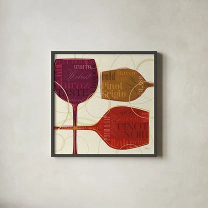 Colorful Wine II by Pela Studio. Shown in a sleek black glass frame for a contemporary gallery look. Available as an archival giclee rolled canvas, fine art paper, or poster print. SKU 8205a.