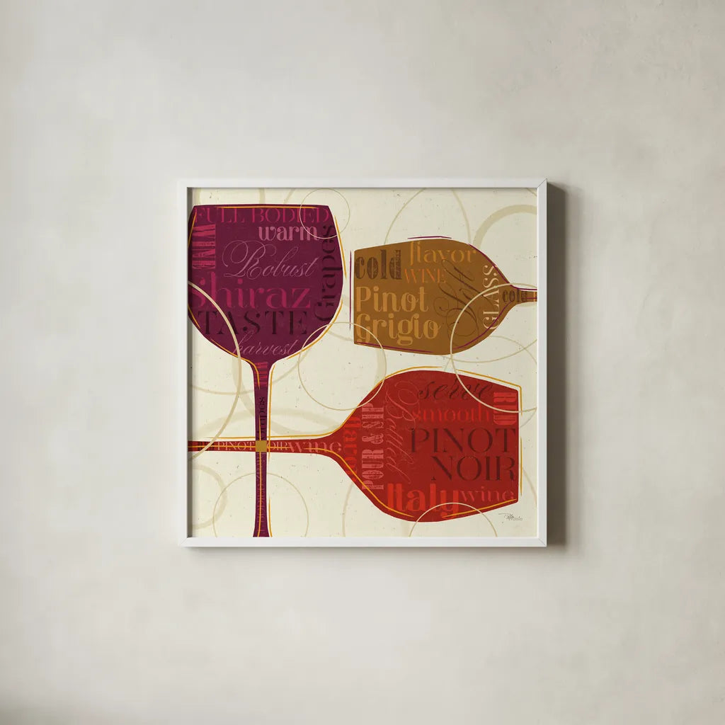Colorful Wine II by Pela Studio. Shown in a crisp white glass frame for a clean and minimalist style. Available as an archival giclee rolled canvas, fine art paper, or poster print. SKU 8205a.