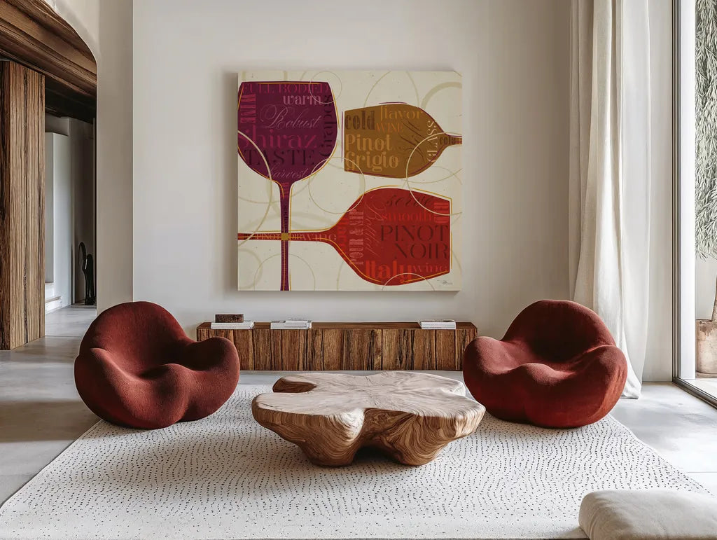 Colorful Wine II by Pela Studio. Shown as extra-large giant wall art in a modern living room. Available as an archival giclee rolled canvas, fine art paper, or poster print. SKU 8205a.