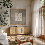 Country Collage IV by Pela Studio. Shown in a natural wood frame in a cozy modern living room. Available as an archival giclee rolled canvas, fine art paper, or poster print. SKU 33697a.