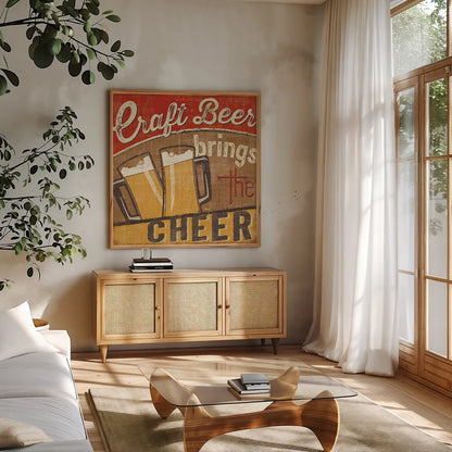 Craft Brew I by Pela Studio. Shown in a natural wood frame in a cozy modern living room. Available as an archival giclee rolled canvas, fine art paper, or poster print. SKU 16004a.