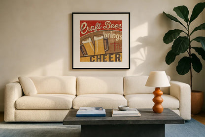 Craft Brew I by Pela Studio. Displayed in a glass frame with matte in a clean modern living room. Available as an archival giclee rolled canvas, fine art paper, or poster print. SKU 16004a.