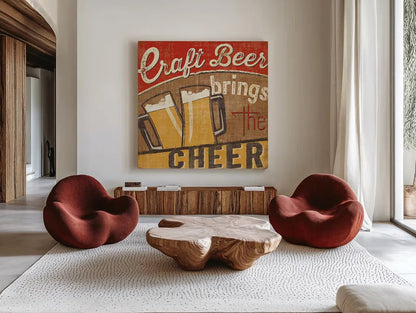 Craft Brew I by Pela Studio. Shown as extra-large giant wall art in a modern living room. Available as an archival giclee rolled canvas, fine art paper, or poster print. SKU 16004a.