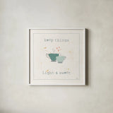 Cuisine Cuties Coffee Hearts Pastel by Pela Studio. Shown in a crisp white glass frame for a clean and minimalist style. Available as an archival giclee rolled canvas, fine art paper, or poster print. SKU 56987a.