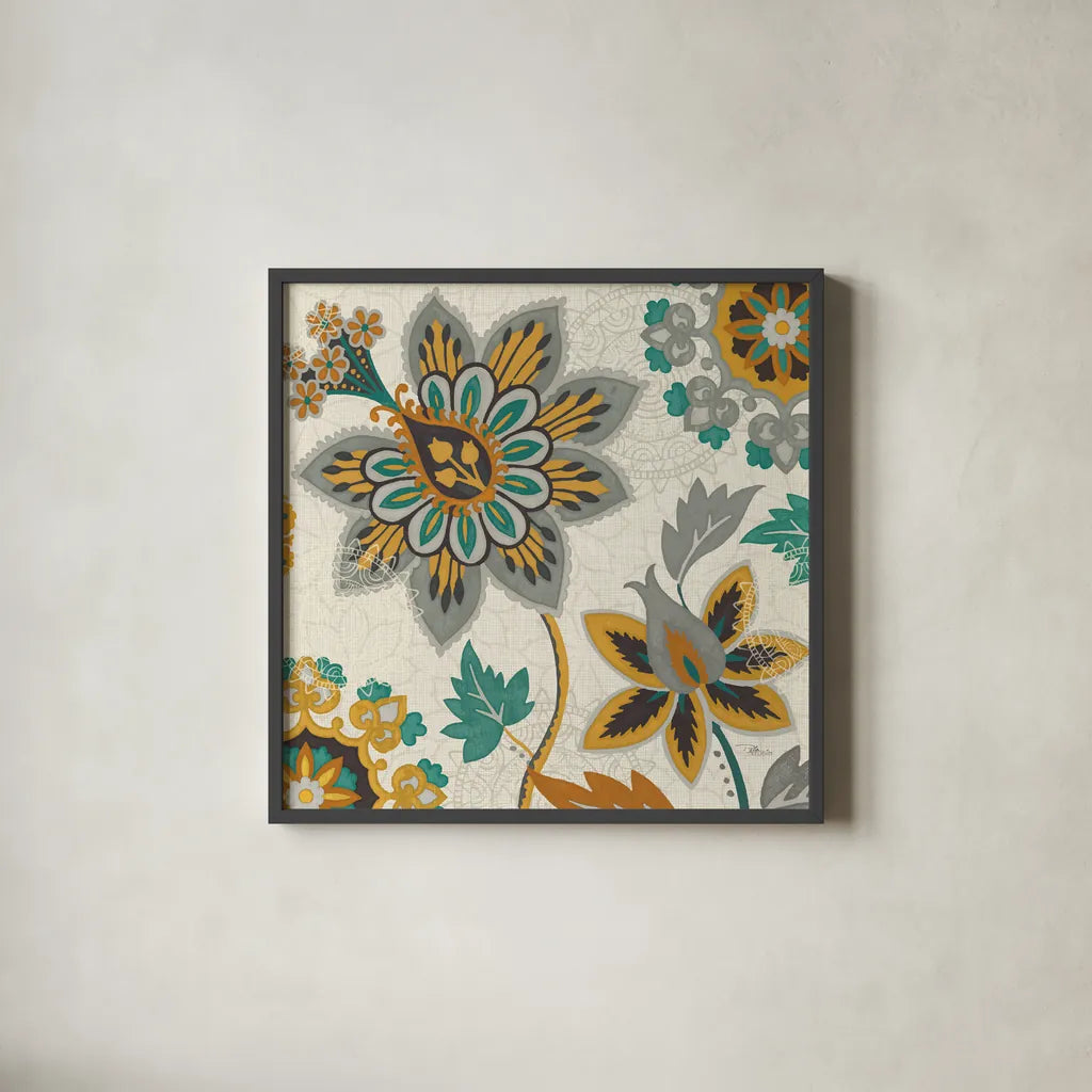 Decorative Nature I Turquoise Cream by Pela Studio. Shown in a sleek black glass frame for a contemporary gallery look. Available as an archival giclee rolled canvas, fine art paper, or poster print. SKU 12063a.