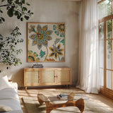 Decorative Nature I Turquoise Cream by Pela Studio. Shown in a natural wood frame in a cozy modern living room. Available as an archival giclee rolled canvas, fine art paper, or poster print. SKU 12063a.
