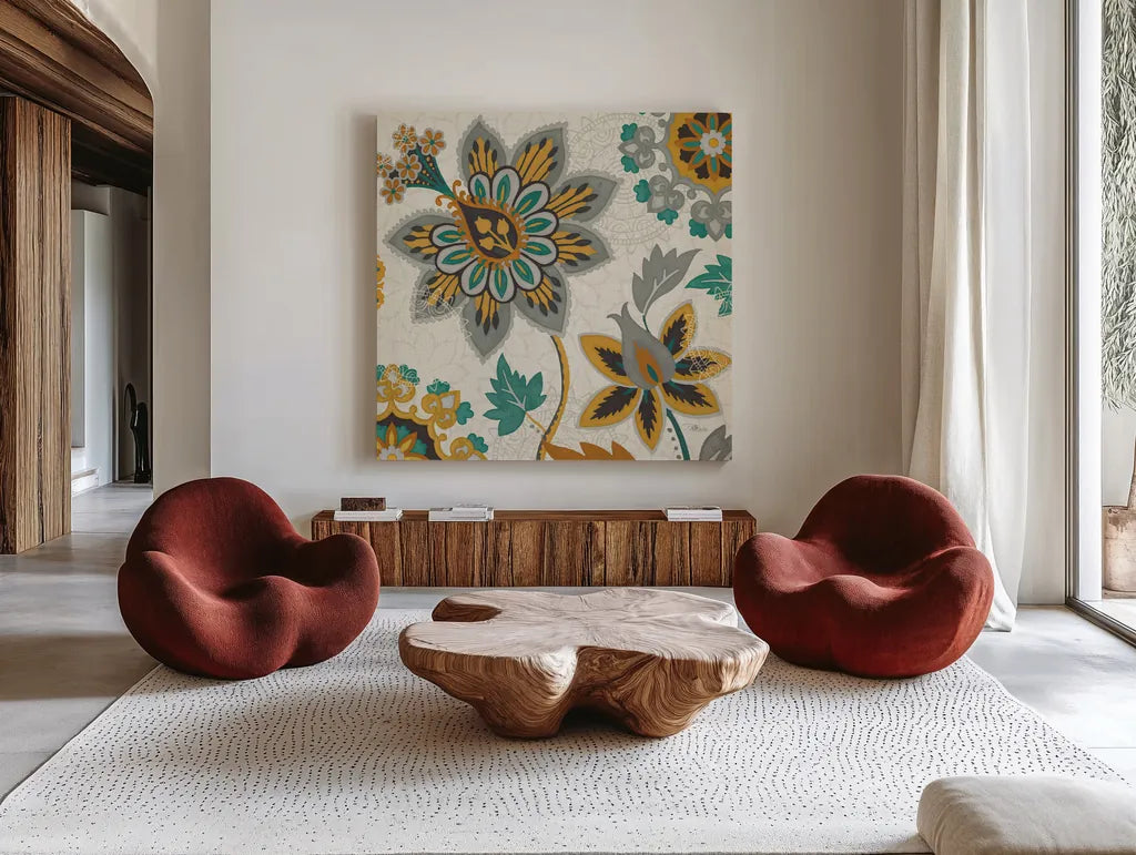 Decorative Nature I Turquoise Cream by Pela Studio. Shown as extra-large giant wall art in a modern living room. Available as an archival giclee rolled canvas, fine art paper, or poster print. SKU 12063a.