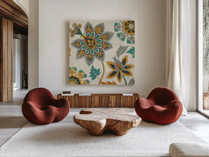 Decorative Nature I Turquoise Cream by Pela Studio. Shown as extra-large giant wall art in a modern living room. Available as an archival giclee rolled canvas, fine art paper, or poster print. SKU 12063a.