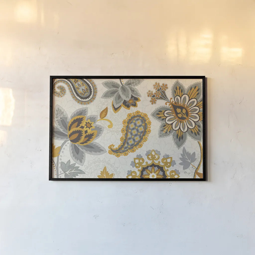 Decorative Nature I Yellow Gray Cream by Pela Studio. shown as a paper print in a black flame. Available as a archival giclee rolled canvas, fine art paper, or poster print. SKU 12064i.