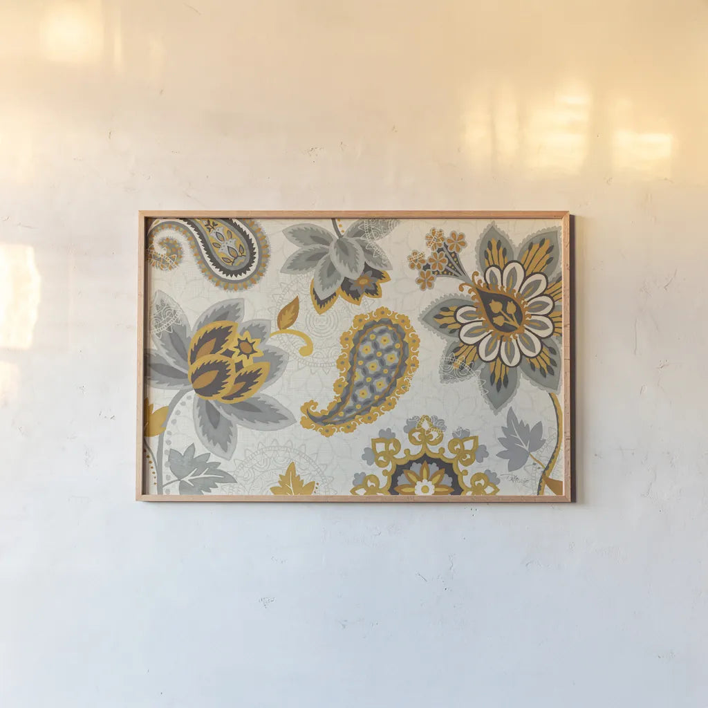 Decorative Nature I Yellow Gray Cream by Pela Studio. shown as a paper print in a natural frame. Available as a archival giclee rolled canvas, fine art paper, or poster print. SKU 12064i.