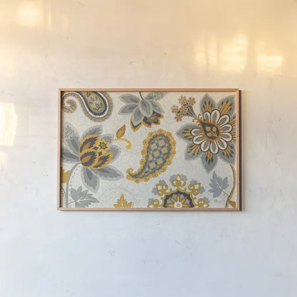 Decorative Nature I Yellow Gray Cream by Pela Studio. shown as a paper print in a natural frame. Available as a archival giclee rolled canvas, fine art paper, or poster print. SKU 12064i.