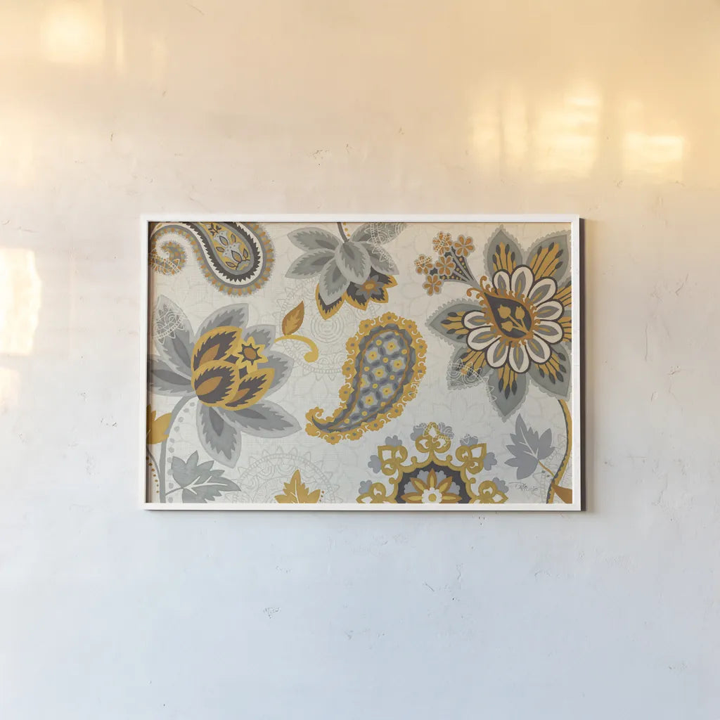 Decorative Nature I Yellow Gray Cream by Pela Studio. shown as a paper print in a white frame. Available as a archival giclee rolled canvas, fine art paper, or poster print. SKU 12064i.