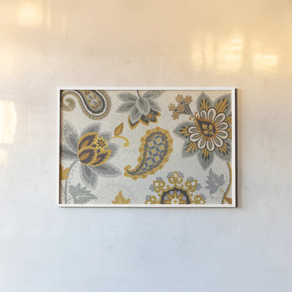 Decorative Nature I Yellow Gray Cream by Pela Studio. shown as a paper print in a white frame. Available as a archival giclee rolled canvas, fine art paper, or poster print. SKU 12064i.