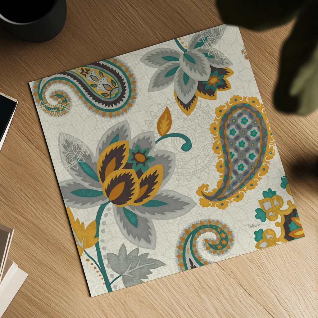 Decorative Nature II Turquoise Cream 18x18 by Pela Studio. Shown as a detailed flat fine art print, highlighting archival giclee quality. Available as an archival giclee rolled canvas, fine art paper, or poster print. SKU 12062a.