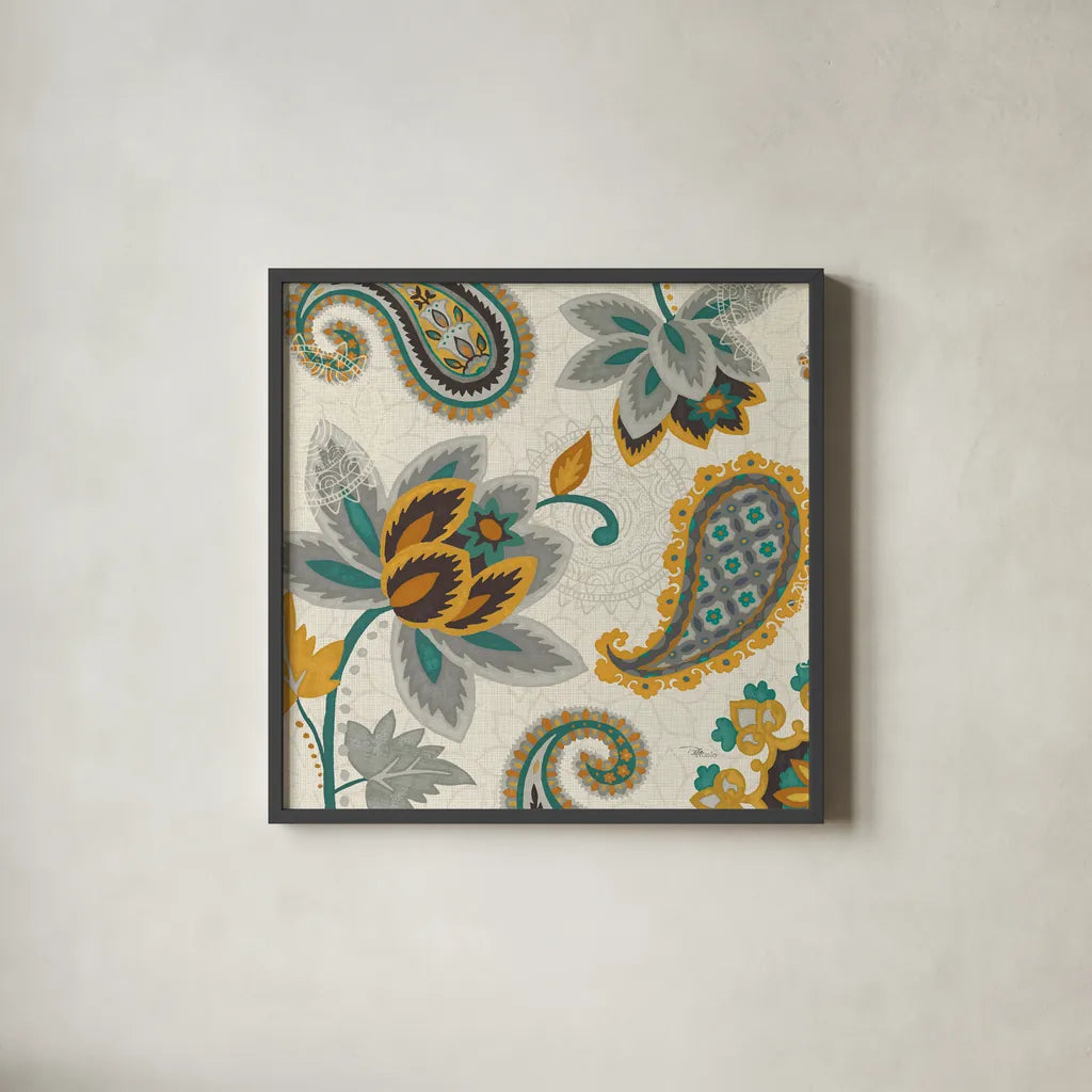 Decorative Nature II Turquoise Cream 18x18 by Pela Studio. Shown in a sleek black glass frame for a contemporary gallery look. Available as an archival giclee rolled canvas, fine art paper, or poster print. SKU 12062a.