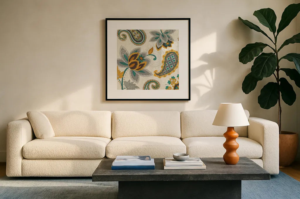 Decorative Nature II Turquoise Cream 18x18 by Pela Studio. Displayed in a glass frame with matte in a clean modern living room. Available as an archival giclee rolled canvas, fine art paper, or poster print. SKU 12062a.