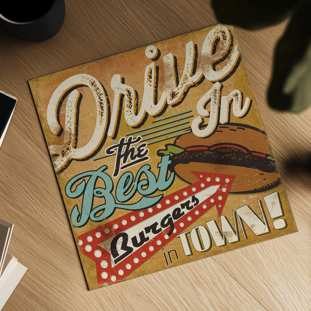 Diners and Drive Ins I by Pela Studio. Shown as a detailed flat fine art print, highlighting archival giclee quality. Available as an archival giclee rolled canvas, fine art paper, or poster print. SKU 13128a.
