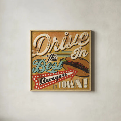 Diners and Drive Ins I by Pela Studio. Shown in a natural wood glass frame for a timeless modern aesthetic. Available as an archival giclee rolled canvas, fine art paper, or poster print. SKU 13128a.
