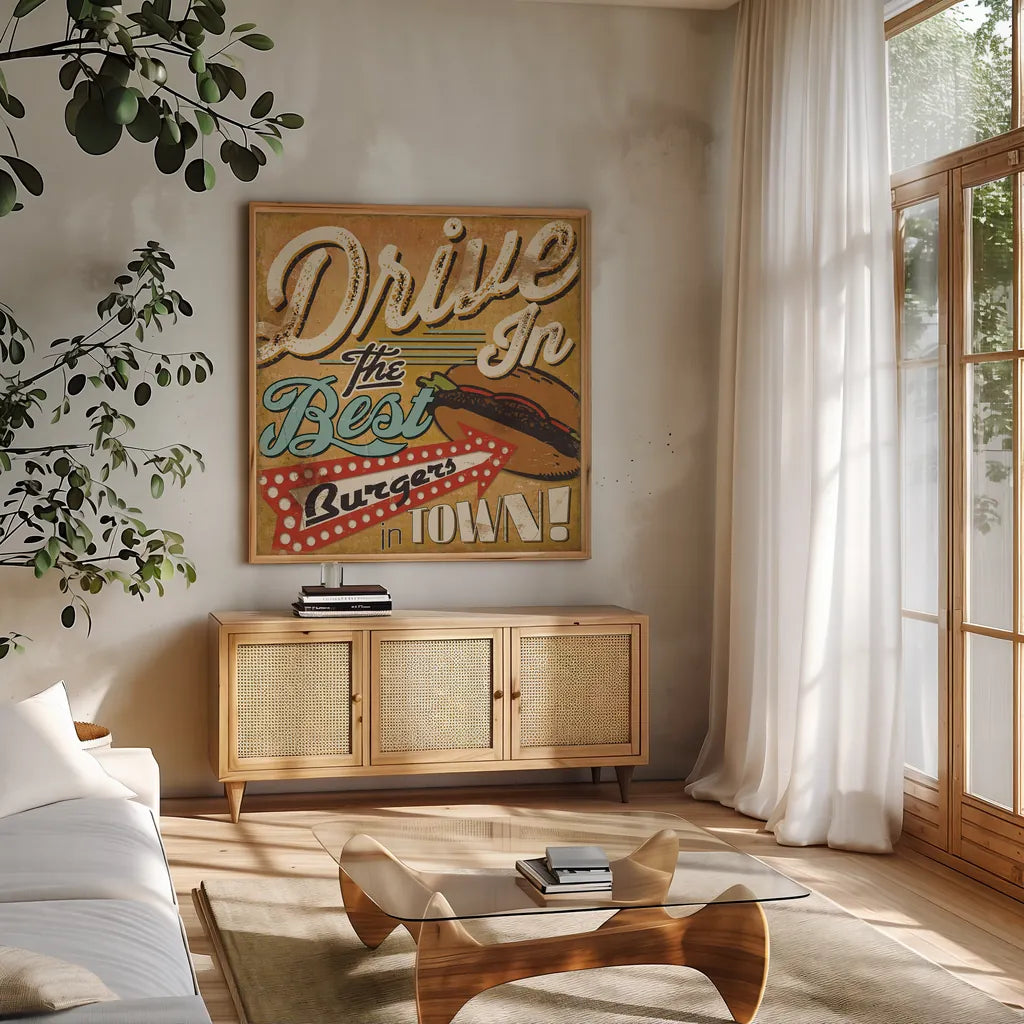Diners and Drive Ins I by Pela Studio. Shown in a natural wood frame in a cozy modern living room. Available as an archival giclee rolled canvas, fine art paper, or poster print. SKU 13128a.