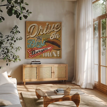 Diners and Drive Ins I by Pela Studio. Shown in a natural wood frame in a cozy modern living room. Available as an archival giclee rolled canvas, fine art paper, or poster print. SKU 13128a.