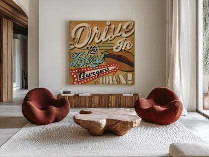 Diners and Drive Ins I by Pela Studio. Shown as extra-large giant wall art in a modern living room. Available as an archival giclee rolled canvas, fine art paper, or poster print. SKU 13128a.