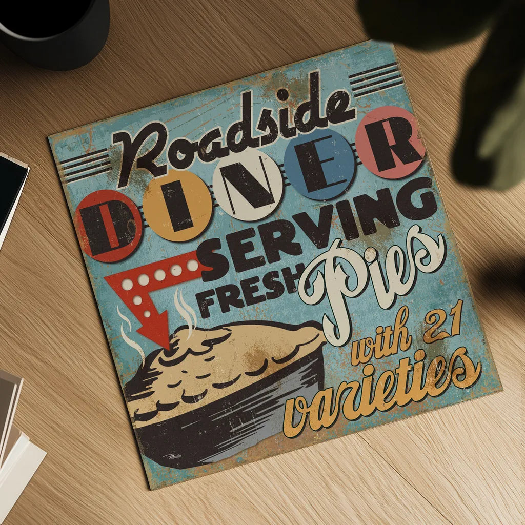 Diners and Drive Ins II by Pela Studio. Shown as a detailed flat fine art print, highlighting archival giclee quality. Available as an archival giclee rolled canvas, fine art paper, or poster print. SKU 13129a.