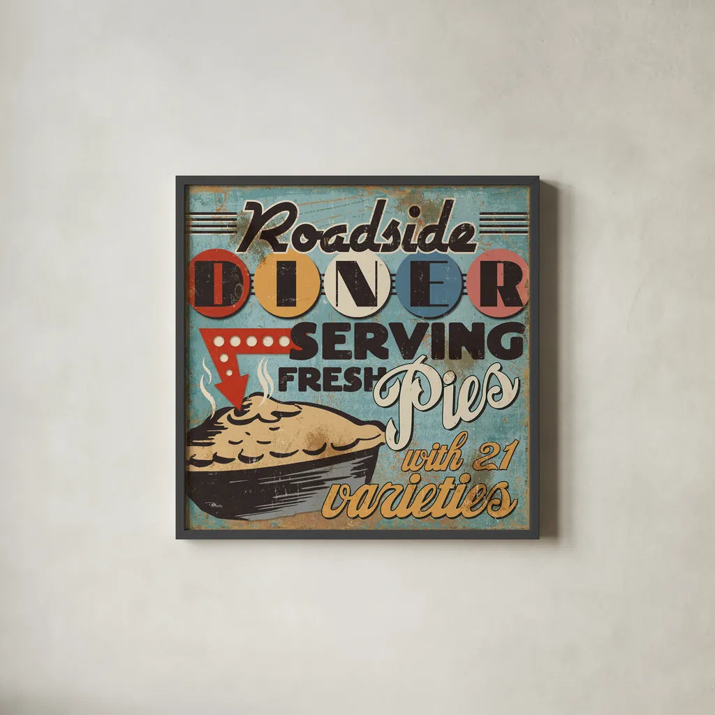 Diners and Drive Ins II by Pela Studio. Shown in a sleek black glass frame for a contemporary gallery look. Available as an archival giclee rolled canvas, fine art paper, or poster print. SKU 13129a.