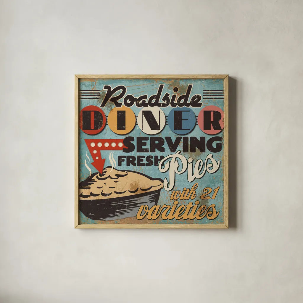 Diners and Drive Ins II by Pela Studio. Shown in a natural wood glass frame for a timeless modern aesthetic. Available as an archival giclee rolled canvas, fine art paper, or poster print. SKU 13129a.