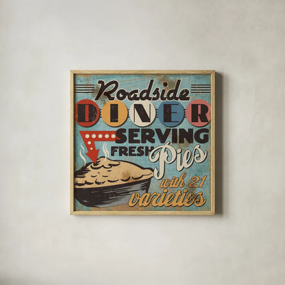 Diners and Drive Ins II by Pela Studio. Shown in a natural wood glass frame for a timeless modern aesthetic. Available as an archival giclee rolled canvas, fine art paper, or poster print. SKU 13129a.